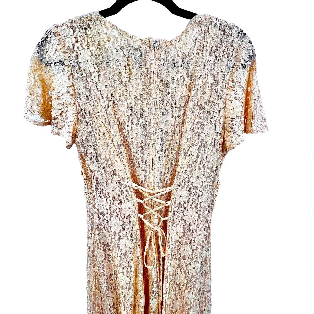 Vintage‎ Dawn Joy Womens Dress 9 10 Beige Lace Sheer Midi Cottage Wedding Nylon